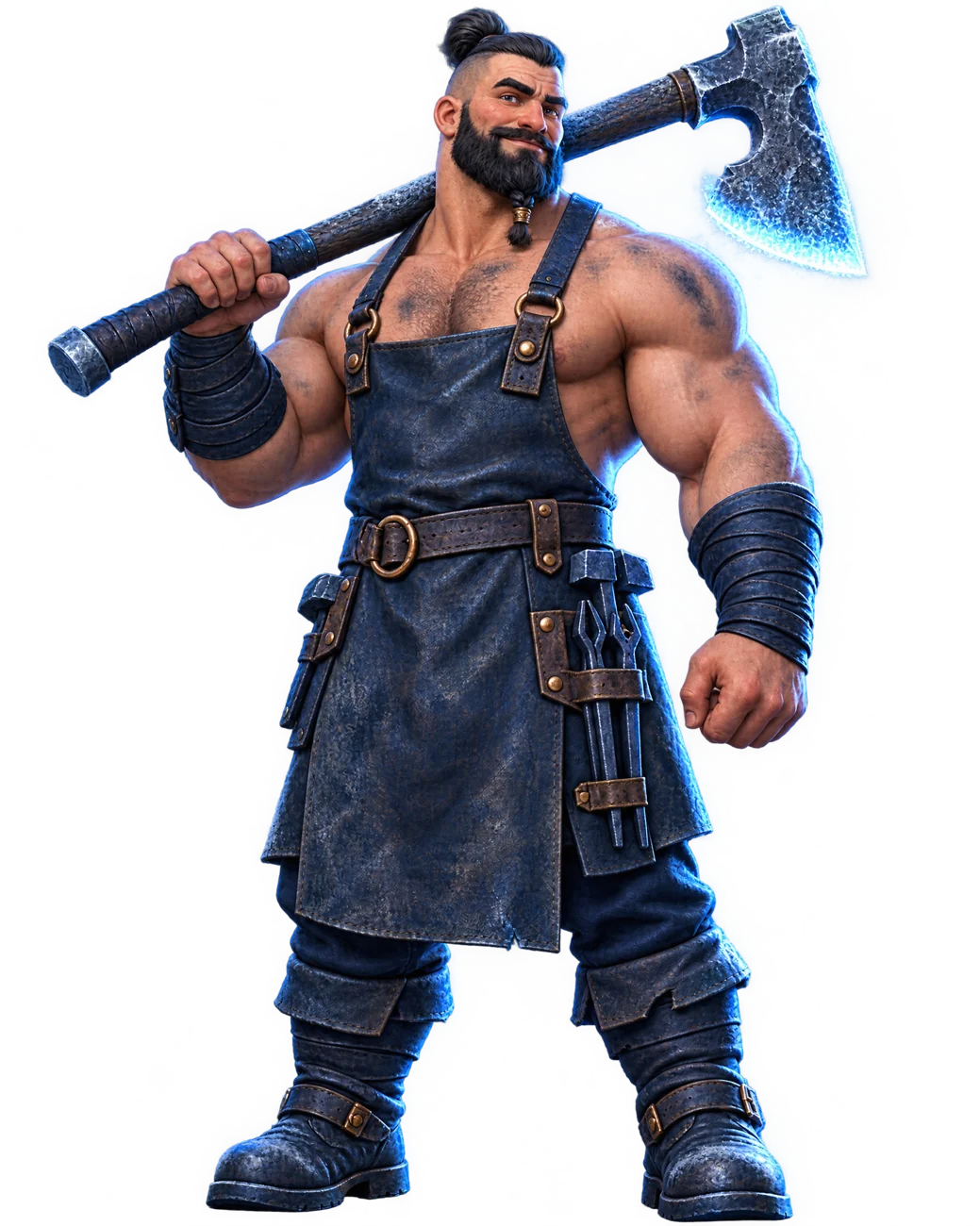 Brandr, a broad-shouldered bearded smith in a navy apron, carrying a frosted bearded axe on his shoulder