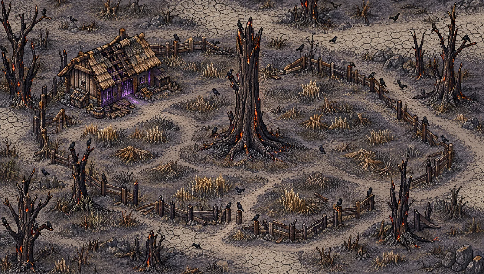 Pixel-art concept of the Old Field: burnt trees, broken fences and a ruined hut on cracked ground