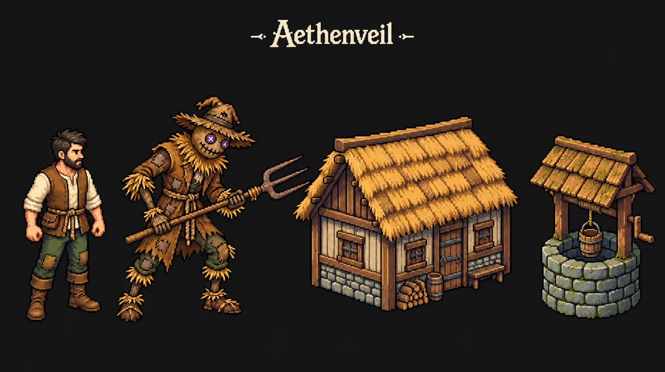 The game's style key: the player character, a scarecrow monster, a thatched hut and a well, in pixel art