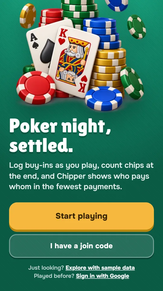 Welcome screen: Poker night, settled. Start playing or enter a join code