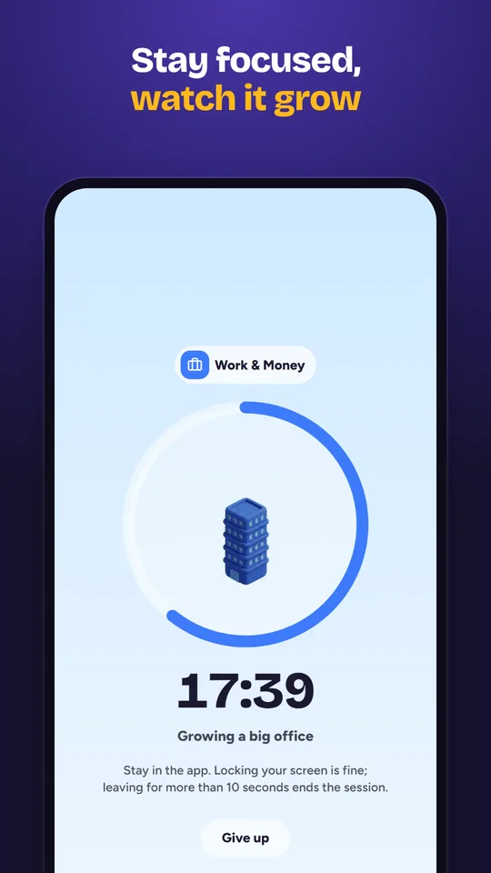A running focus session with a timer and the piece being built