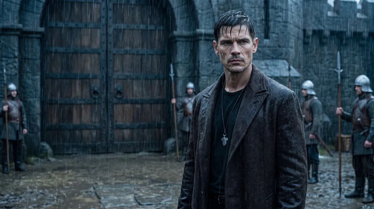 Aldric in the rain before a fortress gate, guards with spears behind him