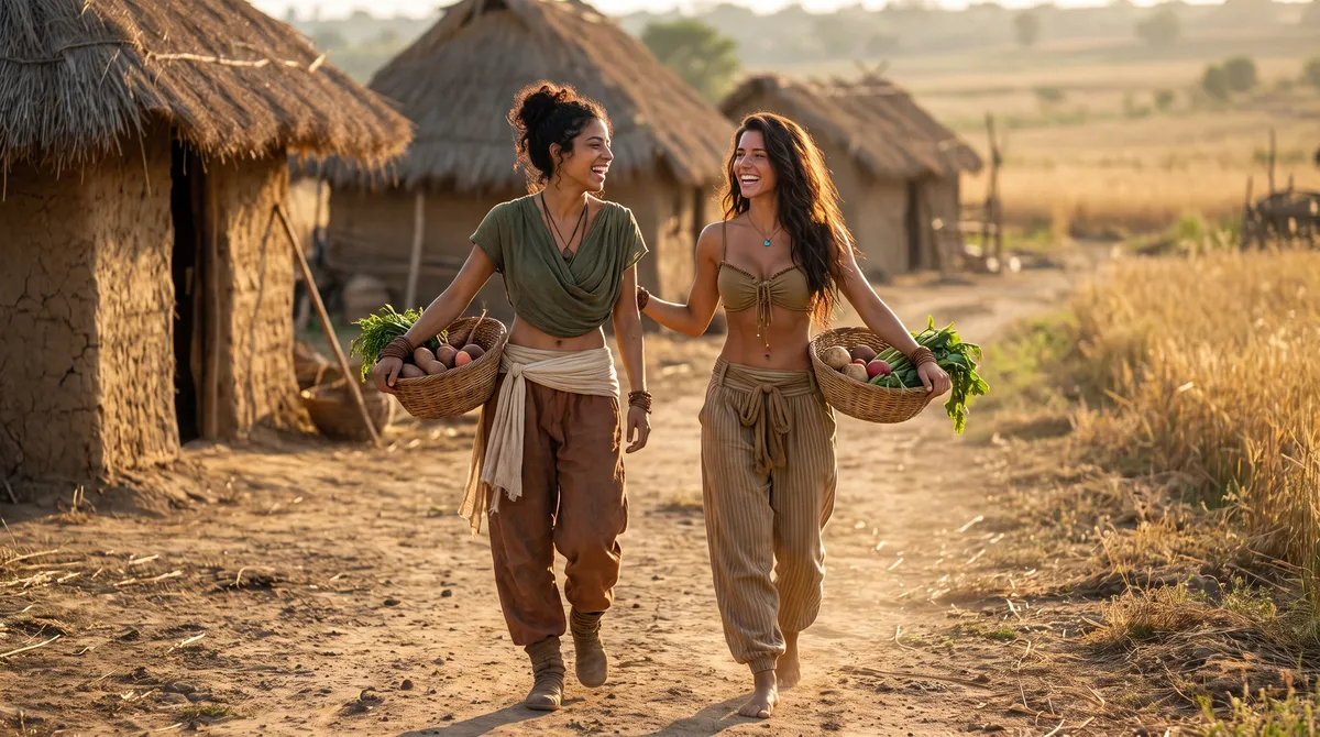 Senna and Maren walking through the village with baskets of vegetables