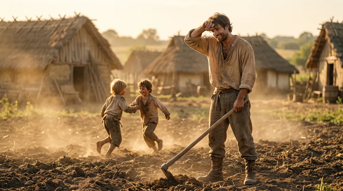 Tomas working a field while two children run past