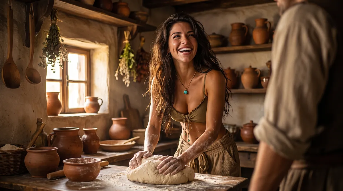 Maren laughing while kneading bread in a sunlit kitchen