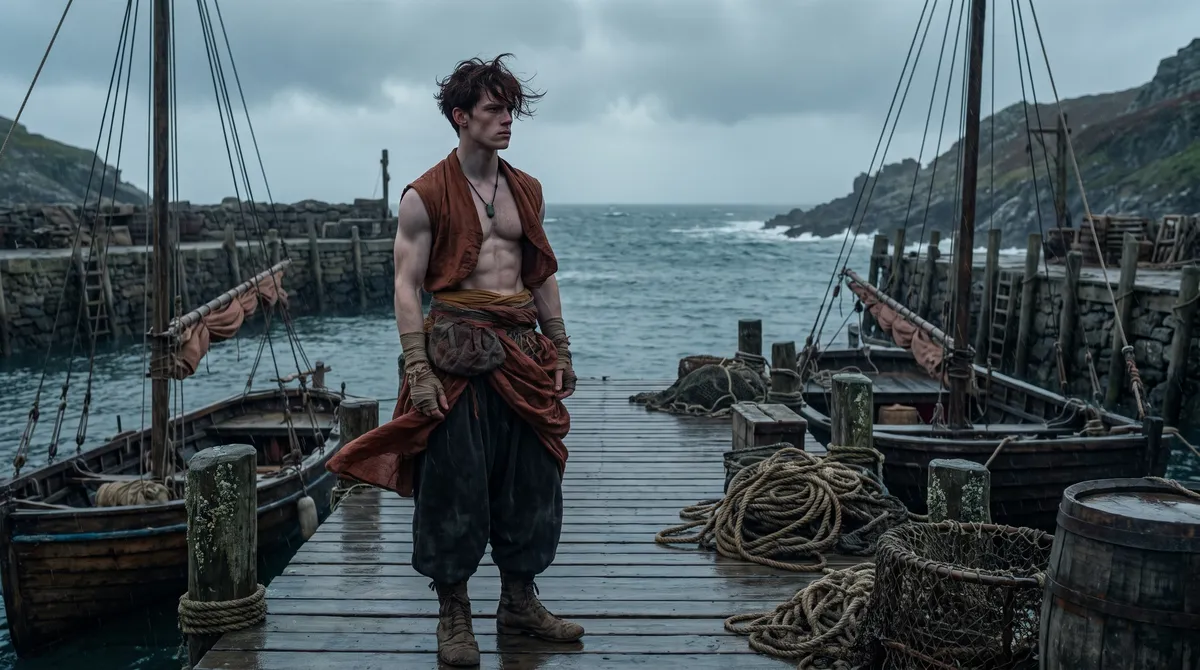Rook standing on a wooden pier in a grey harbor with boats and ropes