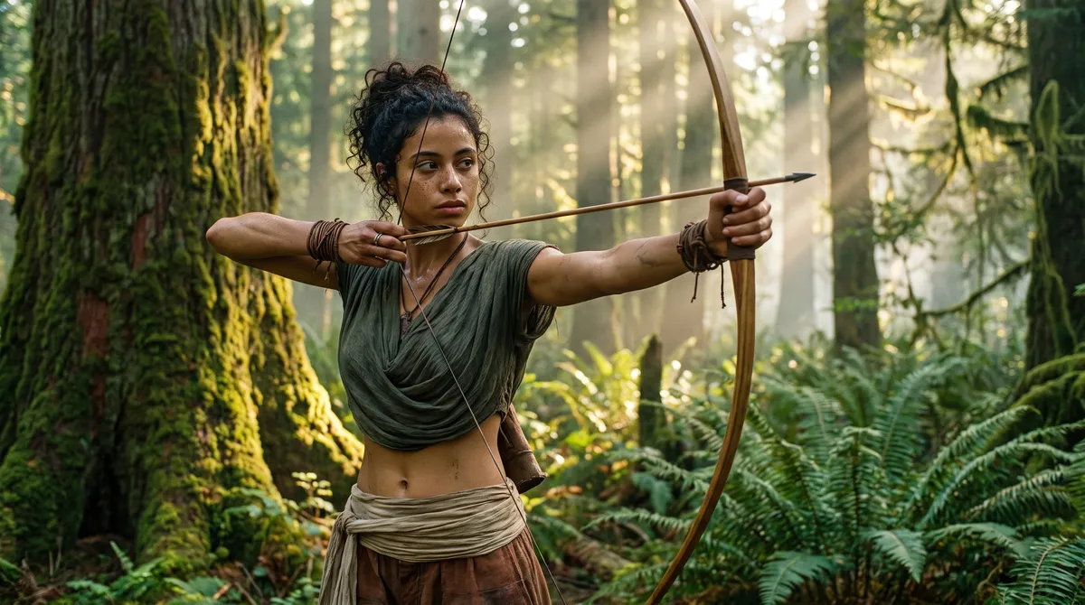 Senna drawing a longbow in a sunlit forest