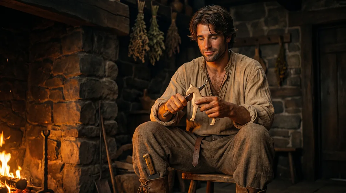 Tomas carving a small wooden horse beside a hearth