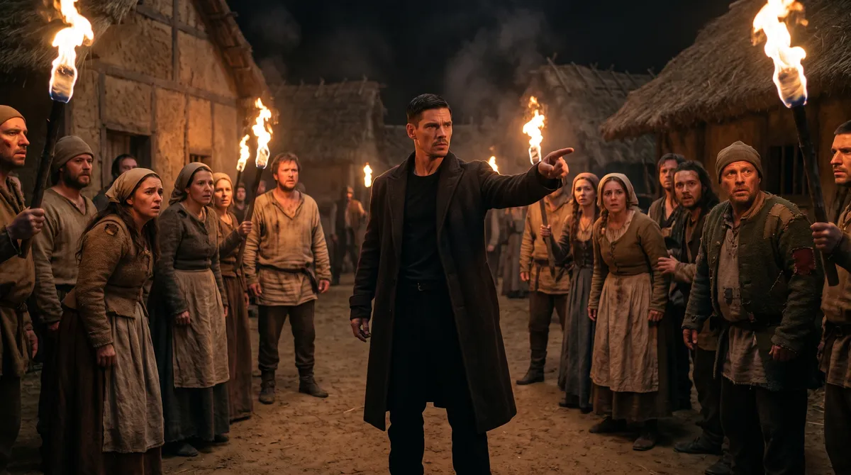 Aldric giving orders to villagers holding torches at night